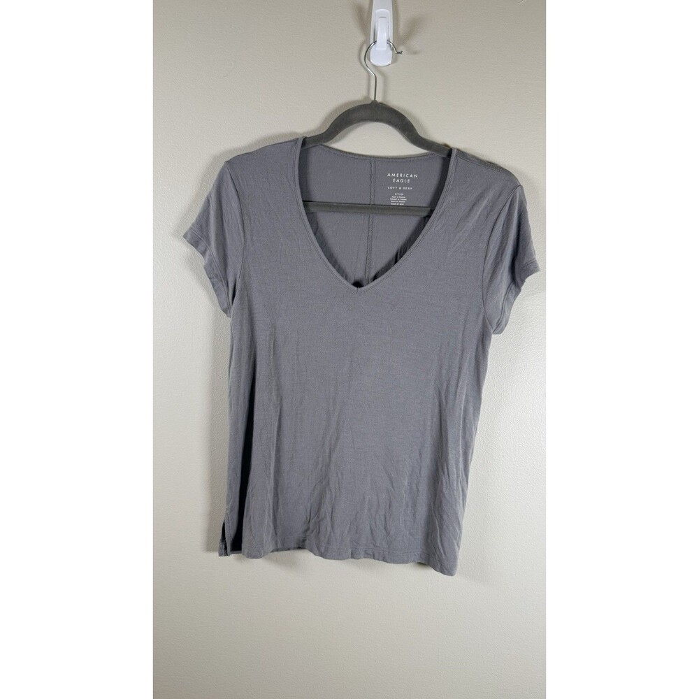 American Eagle Soft & Sexy Womens Gray Solid V-Neck Short Sleeve Tee - S